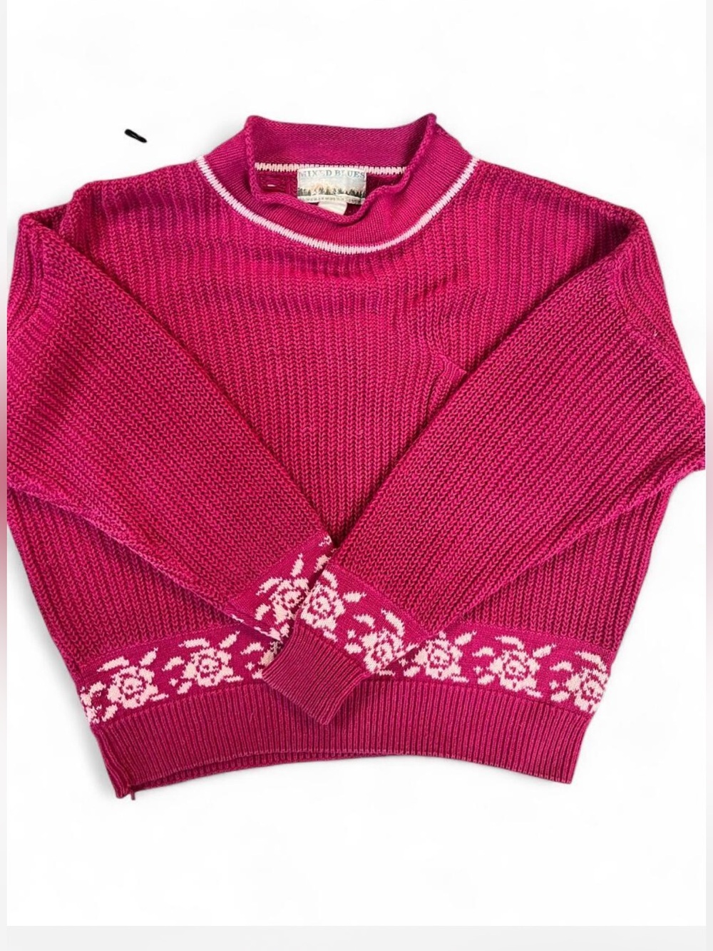 Vintage Mixed Blues Pink Rose Floral Knit Sweater XL Cottagecore Grandma